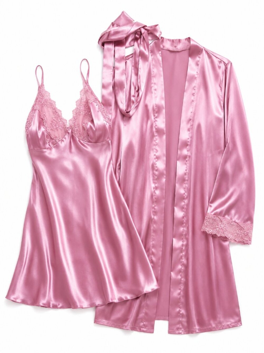 2pcs Women Solid Color Lace Splice Cami Nightgown And Long Sleeve Belted Robe